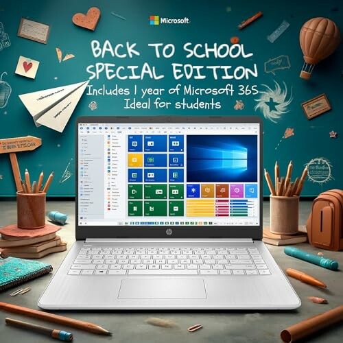 Laptop with Microsoft 365 offer for students, surrounded by school supplies.