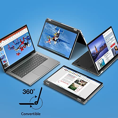 Four convertible laptops in different modes on a blue background.