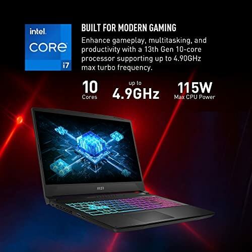 MSI gaming laptop with Intel Core i7, 10 cores, up to 4.9GHz and 115W CPU power.