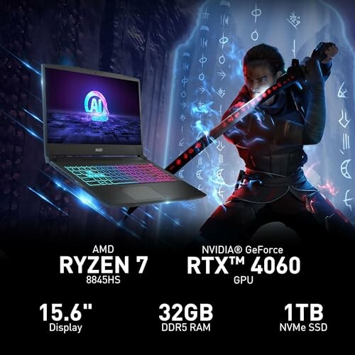 Gaming laptop with AMD Ryzen 7 and NVIDIA RTX 4060 features.