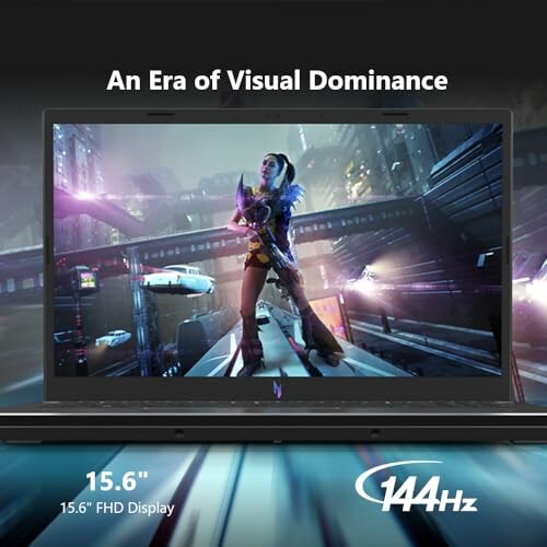 Gaming laptop with futuristic cityscape on screen, 15.6-inch FHD, 144Hz display.