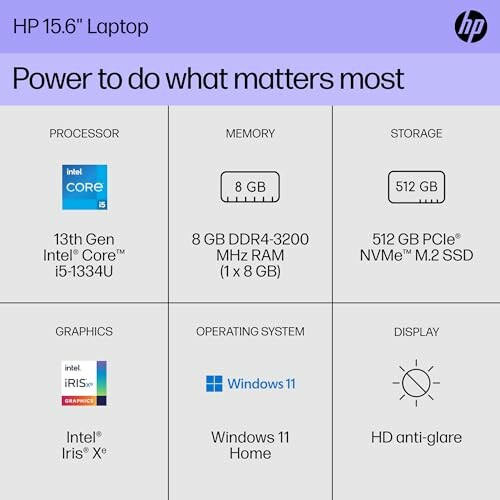 HP 15.6-inch laptop specs: Intel i5, 8GB RAM, 512GB SSD, Windows 11.