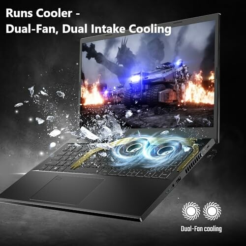 Laptop with dual-fan, dual intake cooling system and gaming image on screen.