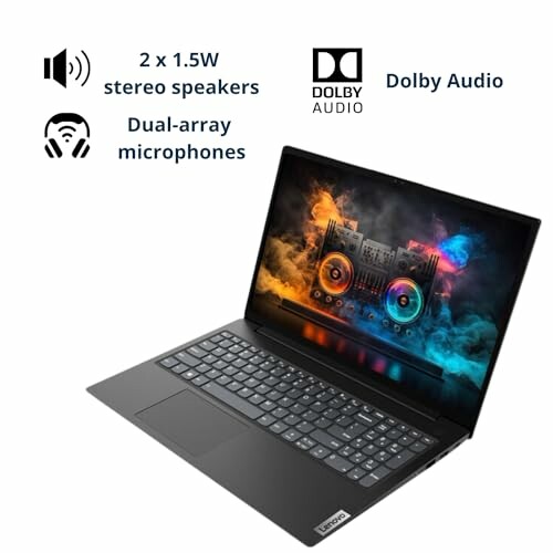 Lenovo laptop showcasing Dolby Audio with stereo speakers and dual-array microphones