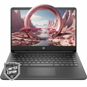 HP laptop with a unique circular landscape on screen, limited edition badge