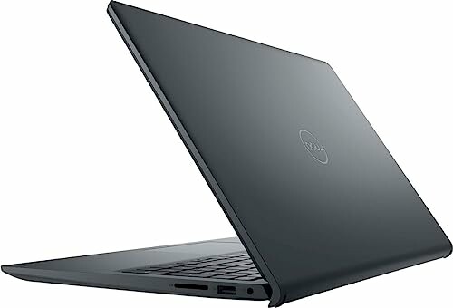 Sleek black laptop with partially closed lid