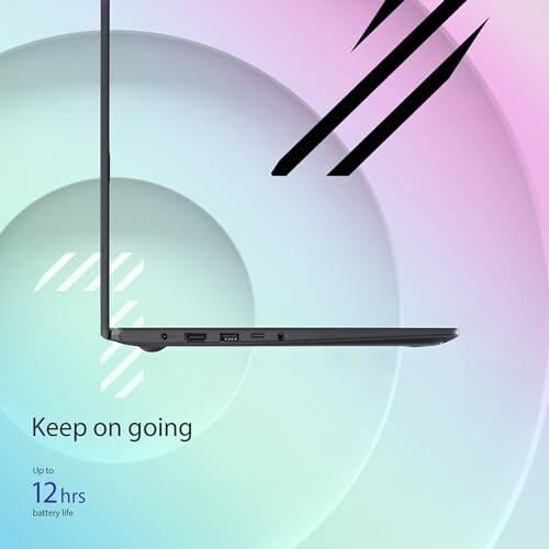 Side view of a thin laptop with text promoting 12 hours battery life