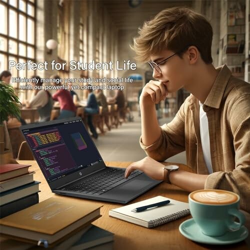 Young person studying with a laptop in a cafe.