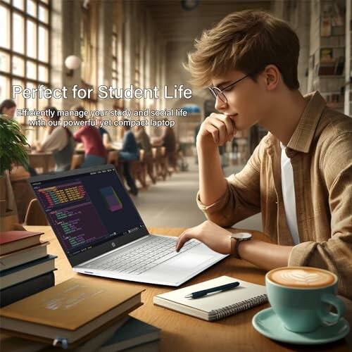 Student in a cafe using a laptop, surrounded by books and coffee.